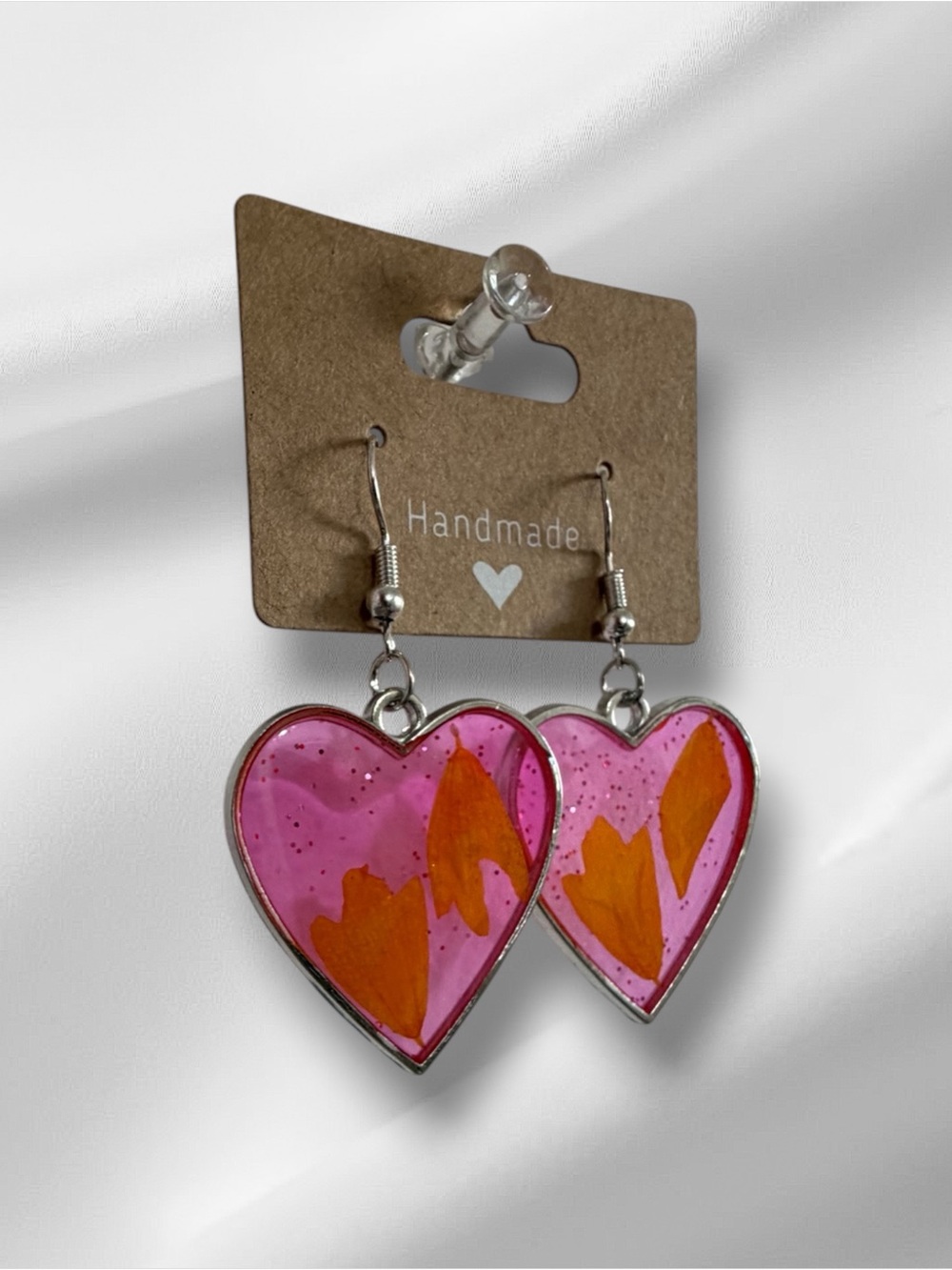 Handmade Pink and Orange Heart Dangle Earrings